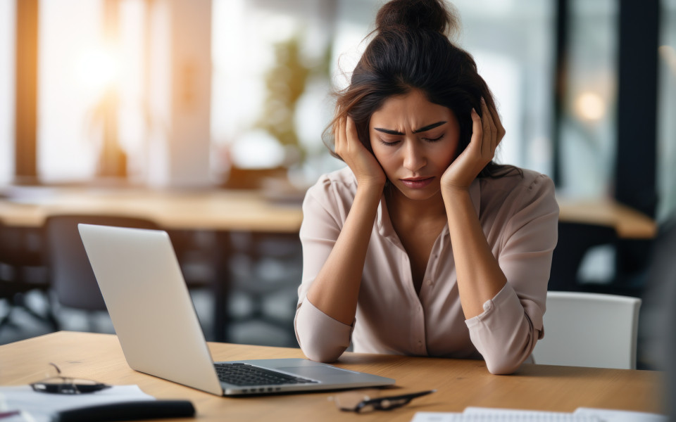 Ersch&ouml;pfte Gesch&auml;ftsfrau mit Kopfschmerzen im modernen B&uuml;ro. 